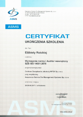 Certyfikat audytora wewnętrznego ISO 14001:2004